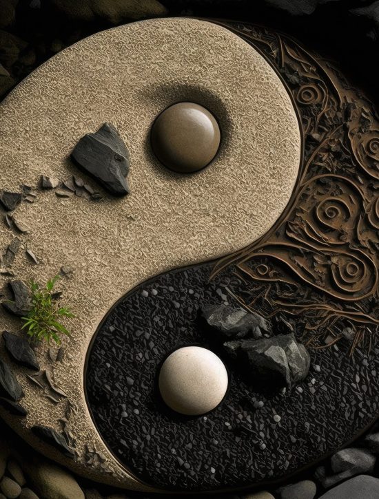 Yin-Yang symbol of black and white stone framed by gray pebbles