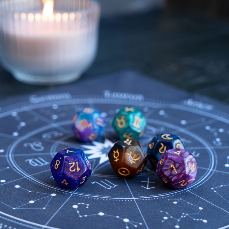Horoscope zodiac circle with divination dice. Fortune telling and astrology predictions concept, magic rituals and exoteric experience
